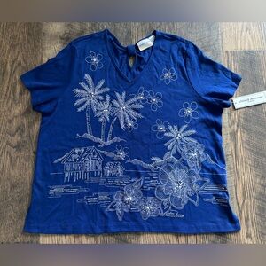 ALFRED DUNNER Women’s Blue Blouse Top Embroidered Beaded‎ Floral Short Sleeve 1X